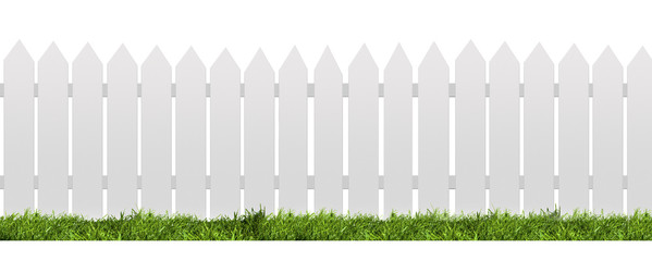 white fence with green grass isolated on white with clipping path