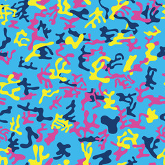 Poster - Seamless blue, dark blue, yellow and pink military camouflage pattern - Vector and illustration