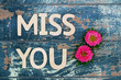 Miss you written with wooden letters on rustic surface and pink daisy flowers
