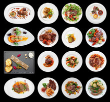 Set Of Main Meat Dishes Isolated On Black