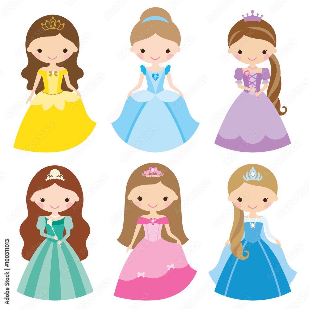 Vector illustration of princess in different costumes. - obrazy, fototapety, plakaty 