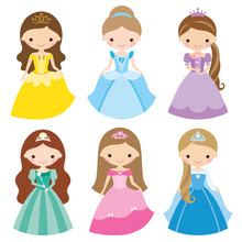 Vector Illustration Of Princess In Different Costumes.