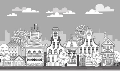 Wall Mural - Doodle of beautiful city with very detailed and ornate town houses, trees and lanterns. City background