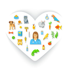Wall Mural - Animal pets grooming and health care flat colorful vector concept, in the shape of a heart. Simple bright symbols of pets, food, toys and accessories for domestic animals with a woman veterinarian