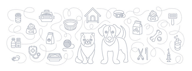Wall Mural - Animal pets grooming and health care flat thin line vector horizontal  header banner. Background with linear icons of cat and dog, food, toys and accessories. Pet shop, vet clinic concept