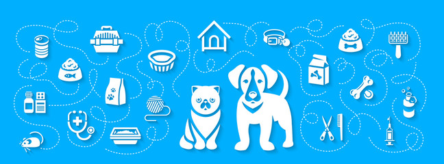 animal pets grooming and health care vector flat horizontal header banner. background with silhouett