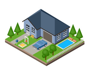 Wall Mural - Isolated isomatic cottage. Country life. Garage. Green grass. Lawn. Swing. Vector illustration