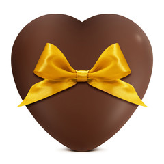 Wall Mural - heart of chocolate with golden bow isolated on white background