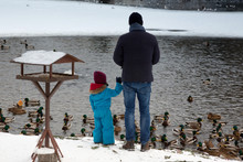 Poland-Warsaw,2016.Young Dad With His Daughter Feeding Ducks By The Pond In Winter , Warsaw 2016