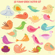 Twenty funny and cute birds cartoon set for children. Clip art collection of different little and lovely birds drawn by hand. They can be used as symbols, icons or logos - Vector and illustration