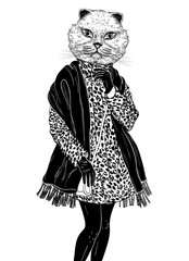 Canvas Print - Fashion Hipster cat portrait (black and white)