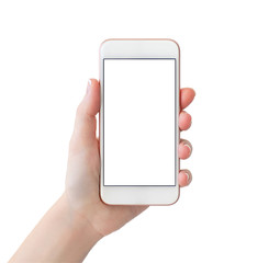 woman hand holding white phone with isolated screen