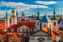 Aerial View Over Old Town In Prague With Domes Of Churches, Bell Tower Of The Old Town Hall, Powder Tower, Czech Republic 