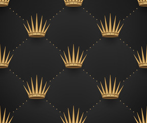 Seamless gold pattern with king crowns on a dark black background. Vector Illustration.