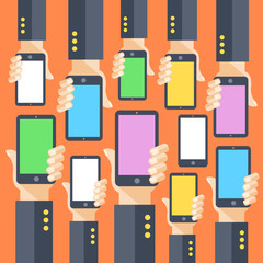 Wall Mural - hands and smartphones with colorful screens. vector illustration
