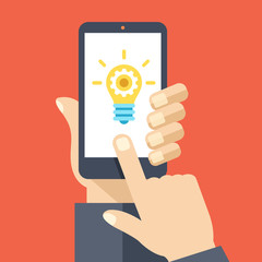 Wall Mural - Lightbulb on smartphone screen. Flat design vector illustration