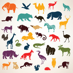 big set of african and european animals silhouettes in cartoon s