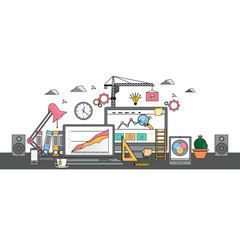 Wall Mural - flat design of website under construction, web page building process, site form layout and menu butt