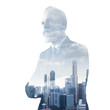 © SFIO CRACHO - Portrait of stylish gentleman. Double exposure city on the background. Square, isolated