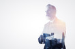 © SFIO CRACHO - Close-up portrait of stylish businessman. Double exposure city on the background. Isolated.