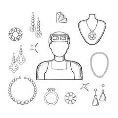 Jeweler or goldsmith with jewelries, sketch style