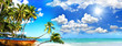 Beach panorama: Perfect tropical paradise beach with turquoise blue water, blue sky, fisherman boat and coco palm :)
