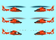 Red rescue helicopter. Flying in the sky. Standing on the ground. With the landing gear retracted and released. Set helicopters. Isolated objects. Vector graphics.
