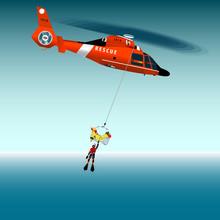 Vector Illustration. Red Rescue Helicopter And Fishermen At Sea. Air Rescue Basket. Flying Lifeguard. The Collapse Of The Sea. Rescue At Sea.