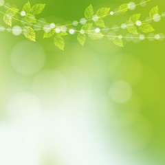 Wall Mural - spring background with leaves and bokeh lights, vector