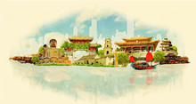 Vector Watercolor HONK KONG City Illustration