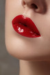 Close-up of female lips with bright makeup. Macro of woman's face. Fashion lip make-up with red gloss
