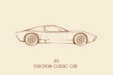 European Vintage Classic Sports Car, Silhouettes, Outlines, Contours.