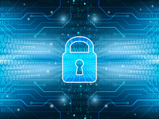Wall Mural - technological board and lock on global security service abstract dark blue vector background.