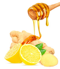 Poster - ginger with lemon and honey isolated on white background