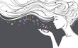 Vector illustration with beautiful  long hair girl blows away flower petals from her palm