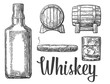Whiskey glass with ice cubes, barrel, bottle, cigar. Vector vintage illustration. white background.