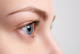Fototapeta Panele - Close up blue eye with natural makeup. Side view