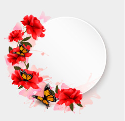 Fototapete - Holiday background with red flowers and butterflies. Vector.