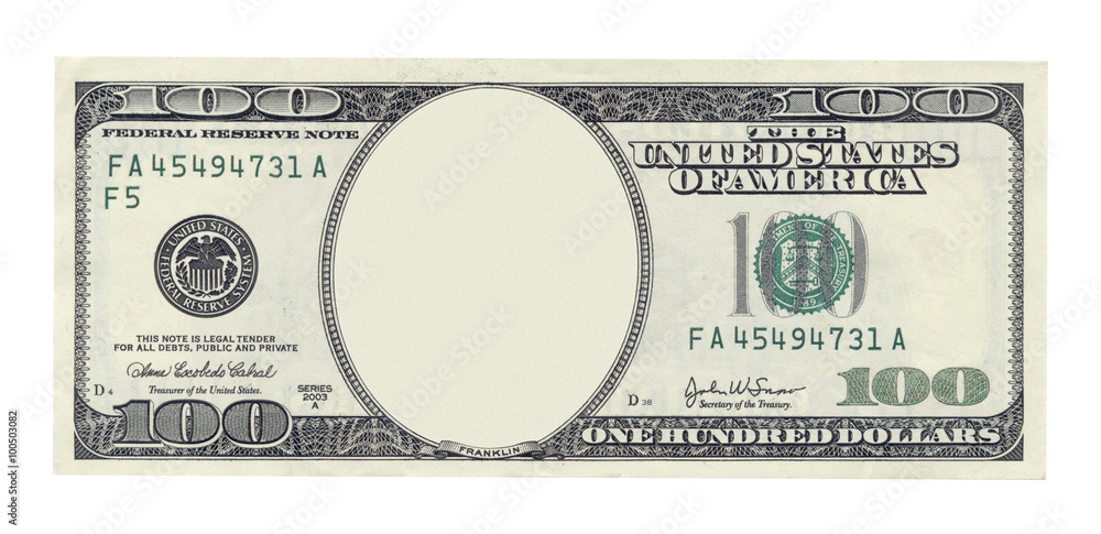 Blank one hundred dollar banknote isolated on white - obrazy, fototapety, plakaty 