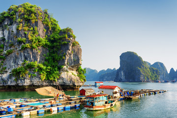 Sticker - Floating fishing village, the Ha Long Bay, Vietnam