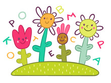 Дети в образе цветов в окружении букв. Иллюстрация про образование и развитие.