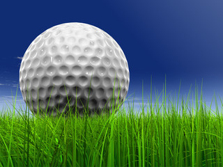 Wall Mural - White golf ball in grass and sky