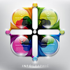 Wall Mural - Abstract info graphic with circle elements. Glossy, colorful and transparent on the white panel. Use for business concept. 4 parts concept. Vector illustration. Eps10.