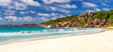 Paradise Beach And Sea, Shaped Granite Boulders And A Perfect White Sand At Grand Anse Beach, La Digue Island, Seychelles
