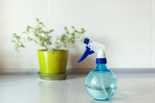 Close Up Of Blue Round Spray Bottle And Green Flower On Background