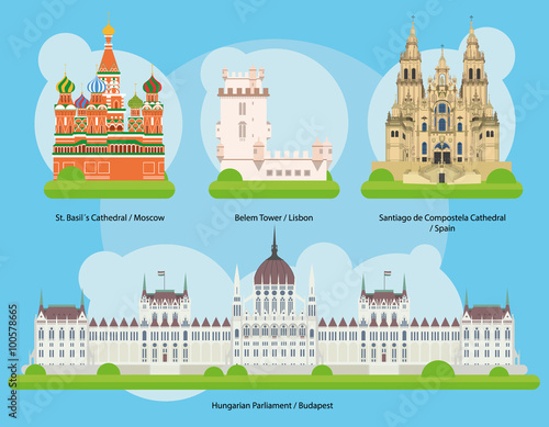 Fotografía Vector illustration of Monuments and landmarks in Europe Set 2: St Basils Cathedral (Moscow), Belem Tower (Lisbon), Santiago de Compostela Cathedral (Spain) and Hungarian Parliament (Budapest)