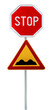 © bennian_1 - Red and yellow triangular warning road sign with STOP sign a warning of a bumpy road ahead on a rod