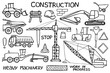 Construction and heavy machinery sketch. Hand-drawn cartoon industry icon set. Doodle drawing. 