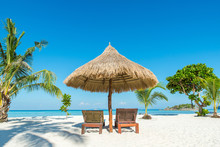Summer, Travel, Vacation And Holiday Concept - Beach Chairs And