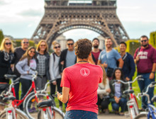 PARIS, FRANCE - AUGUST 30, 2015: Man Photographs Big Group Of Tourists Against Eiffel Tower In Paris. France.